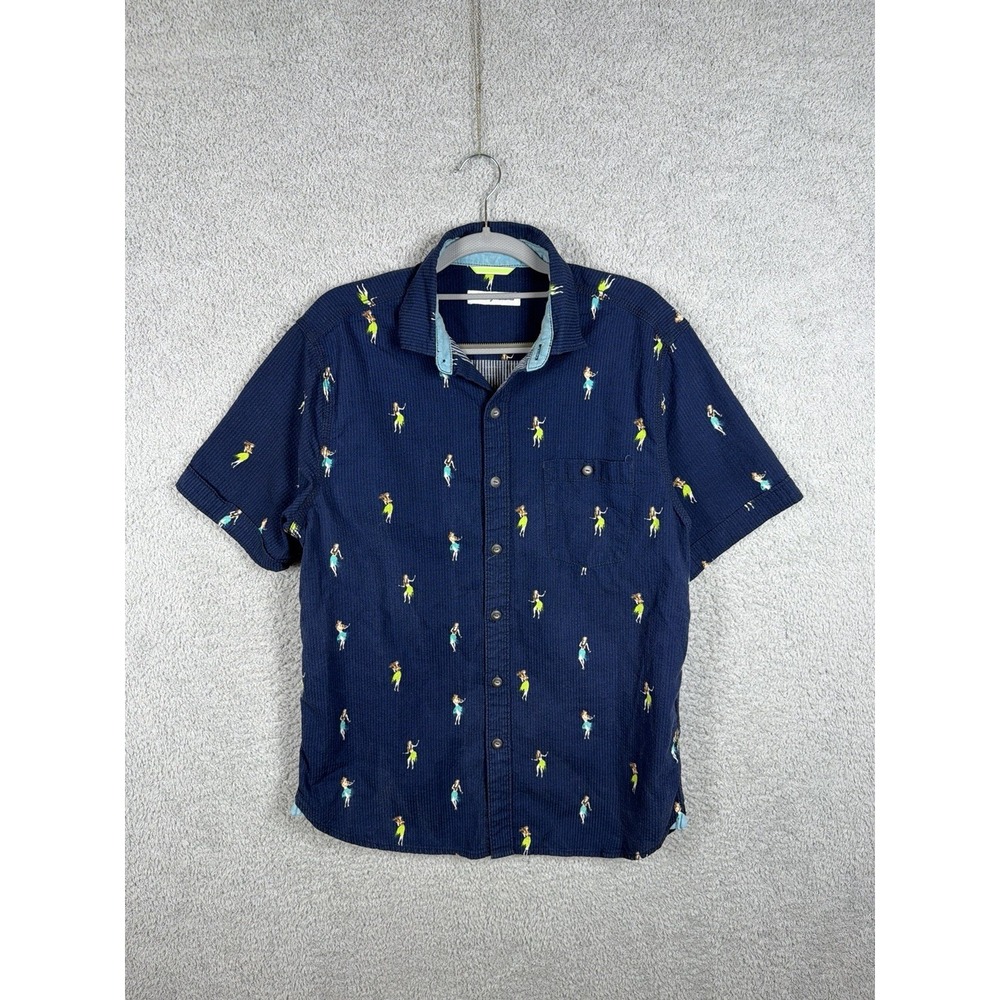 Tommy Bahama Mens Size S Hula‎ Girl Print Blue Button Up Shirt Cotton /Tencel